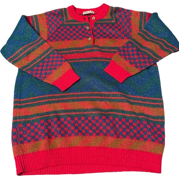 Vintage 1980's Italian Mohair Wool Bright Colored Geometric Long Sleeve Sweater - Picture 2 of 15